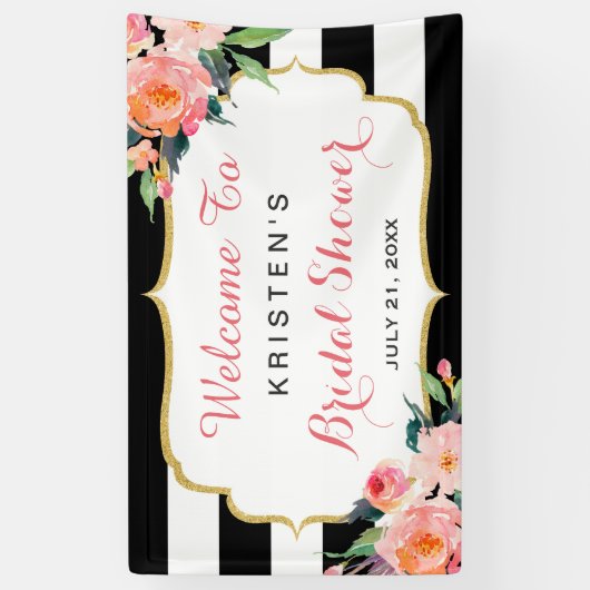 モダンフローラストライプ白黒ブライダルシャワー 横断幕 (縦)