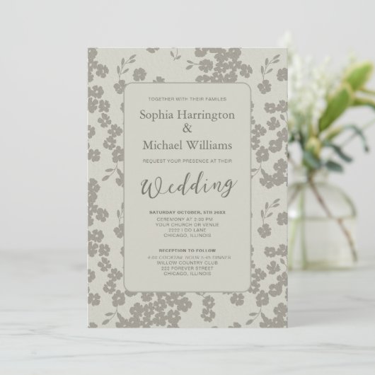 モダンフローラソフト灰色結婚式招待状QRコード 招待状 (スタンド正面)