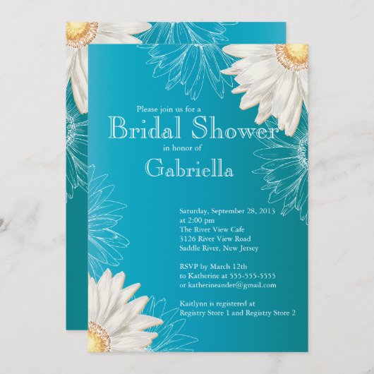 モダンフローラターコイズデイジーブライダルシャワー 招待状 (正面/裏面)