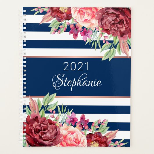 モダンフローラネイビーストライプホワイトパーソナライズされた プランナー手帳 (正面)
