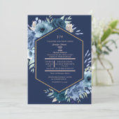 モダンフローラネイビーブルーと金ゴールド結婚ズ 招待状 (スタンド正面)