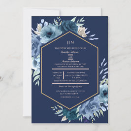 モダンフローラネイビーブルーと金ゴールド結婚ズ 招待状