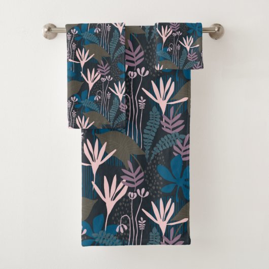 モダンフローラネイビープラントパステルピンクの花 バスタオルセット (インサイチュ)