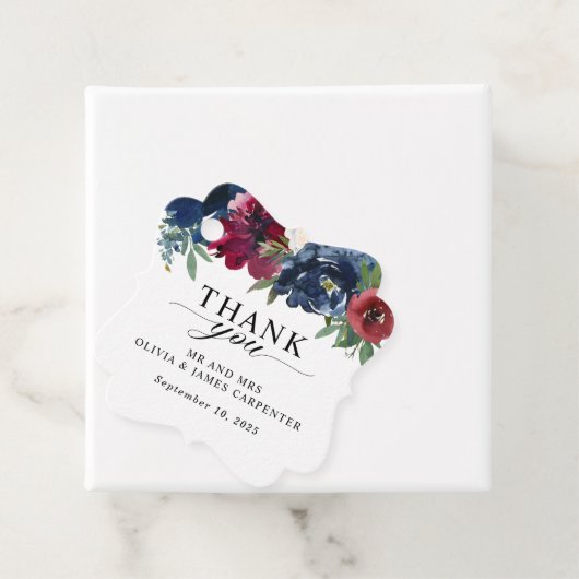 モダンフローラネイビー青ブルゴーニュ結婚ーありがとう フェイバータグ (インサイチュ)