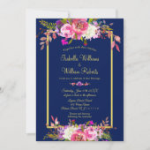 モダンフローラネイビー青金ゴールド結婚ズ 招待状 (正面)