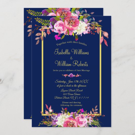 モダンフローラネイビー青金ゴールド結婚ズ 招待状 (正面/裏面)