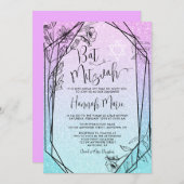 モダンフローラパープルティール(緑がかった色)フェイクグリッターバルミツワー 招待状 (正面/裏面)