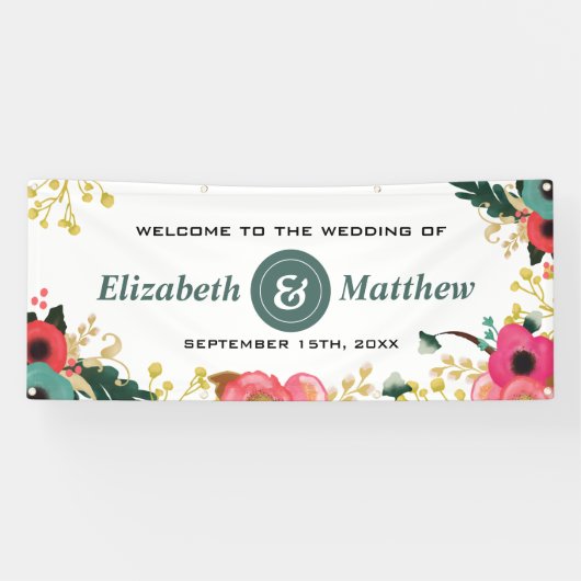 モダンフローラピンクティール（緑がかった色）ラージ結婚ズバナー 横断幕 (横)