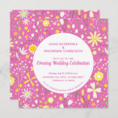 モダンフローラピンク夕べ結婚ズ 招待状 (正面/裏面)