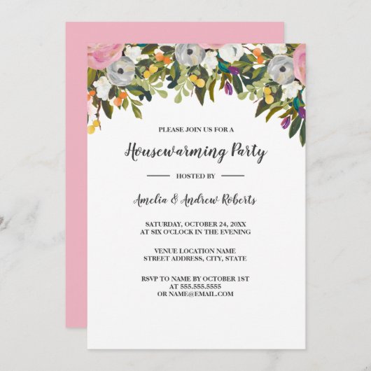 モダンフローラピンク引っ越し祝いパーティー招待状 招待状 (正面/裏面)