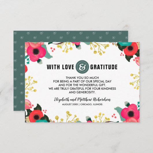 モダンフローラピンク結婚ティール(緑がかった色)サンキューカード サンキューカード (正面/裏面)