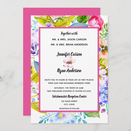 モダンフローラピンク結婚式招待状 招待状 (正面/裏面)