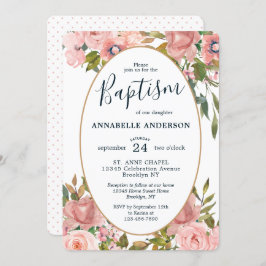 モダンフローラピンク赤面金ゴールドガーデンバプテスマ 招待状