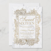 モダンフローラフェイク金ゴールド大理石シック甘い16 招待状 (正面)