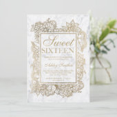 モダンフローラフェイク金ゴールド大理石シック甘い16 招待状 (スタンド正面)