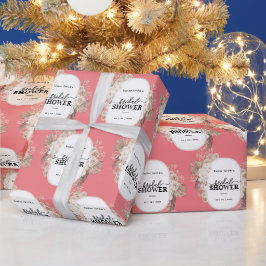 モダンフローラフレームブライダルシャワーピンク背景 ラッピングペーパー