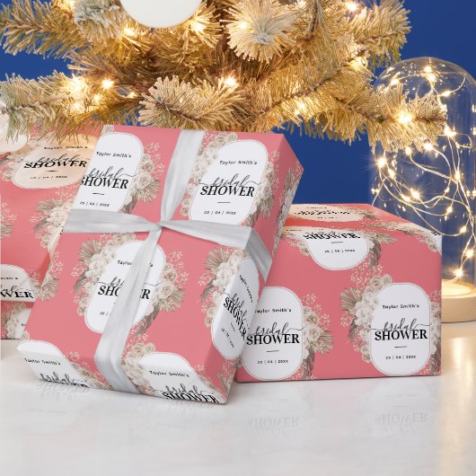 モダンフローラフレームブライダルシャワーピンク背景 ラッピングペーパー (クリスマス)