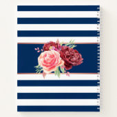 モダンフローラブルーと白ストライプパーソナライズされた ノートブック (裏面)