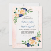 モダンフローラブルーコーラルウォーター結婚カラー 招待状 (正面)