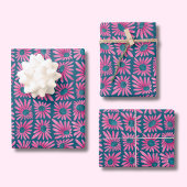 モダンフローラブロックプリントピンクデイジー ラッピングペーパーシート