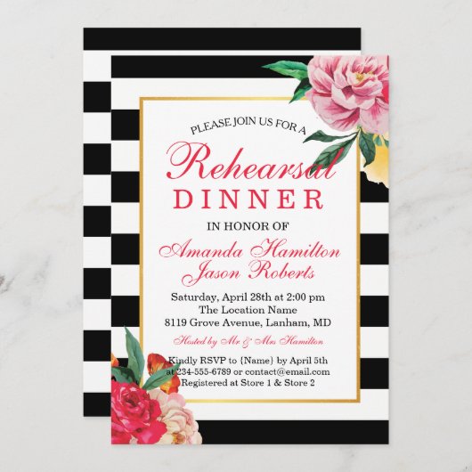 モダンフローラポーニストライプのーリハーサル 招待状 (正面/裏面)