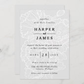 モダンフローララインのアートはホワイトグレイ結婚のポップス 招待状 (正面/裏面)