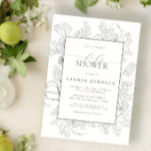 モダンフローララインアートセージ緑ベビーシャワー 招待状