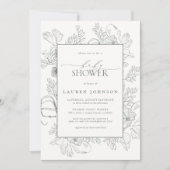 モダンフローララインアートセージ緑ベビーシャワー 招待状 (正面)