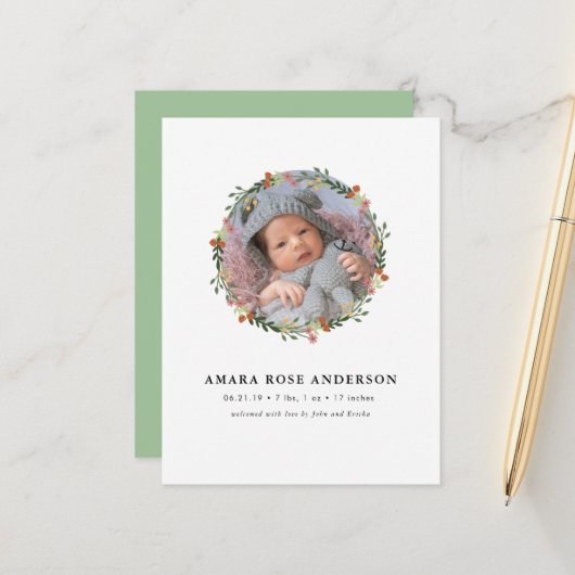 モダンフローラリース写真の誕生発表 案内ポストカード (正面/裏面インサイチュ)
