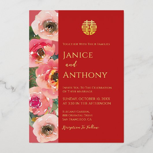 モダンフローラリース対中国の結婚の写真 箔招待状 (裏面)