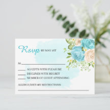 モダンフローラルアクアブルー結婚式RSVPカード