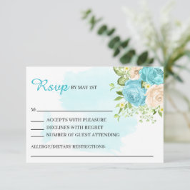 モダンフローラルアクアブルー結婚式RSVPカード 出欠カード