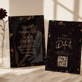 モダンフローラルバーガンディーウェディングフォトオーバーレイ 招待状