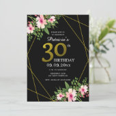 モダンフローラル ブラック&ゴールド 30歳の誕生日 招待状 (スタンド正面)