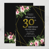 モダンフローラル ブラック&ゴールド 30歳の誕生日 招待状 (正面/裏面)