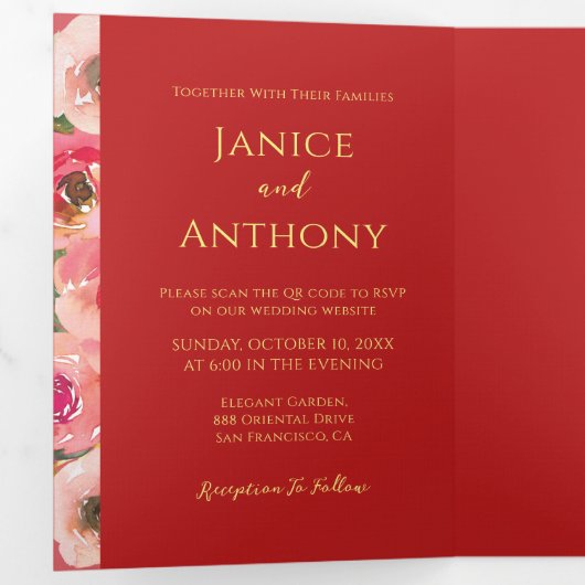 モダンフローラ二重西中国の結婚海 三つ折り招待状 (内部最初)