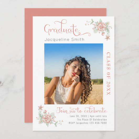 モダンフローラ卒業パーティー写真招待状 招待状 (正面/裏面)