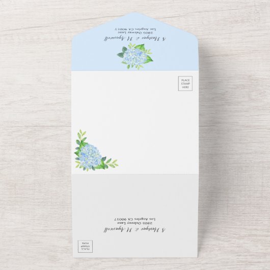 モダンフローラ幾何学青紫陽花結婚の オールインワン招待状 (外側)