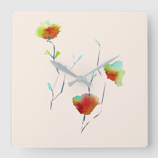 モダンフローラ抽象芸術アート花水彩 スクエア壁時計 (正面)