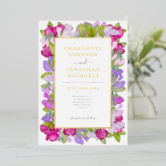 モダンフローラ水エレガント色結婚金ゴールド 箔招待状 (立ち正面)