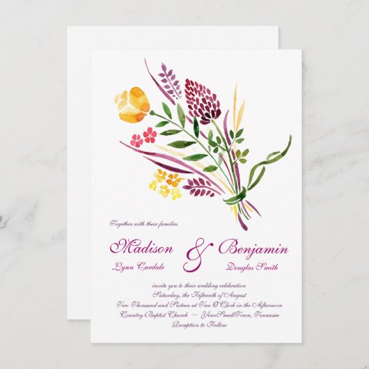 モダンフローラ水カラー結婚式招待状 招待状 (正面/裏面)