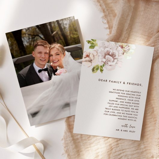 モダンフローラ水彩アイボリークリー結婚ムの写真 サンキューカード