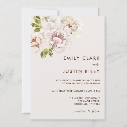 モダンフローラ水彩アイボリークリー結婚ム 招待状 (正面)