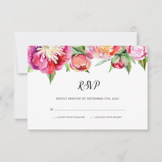 モダンフローラ水彩珊瑚礁結婚牡丹 出欠カード (正面)