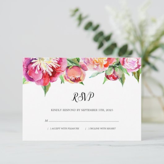 モダンフローラ水彩珊瑚礁結婚牡丹 出欠カード (スタンド正面)