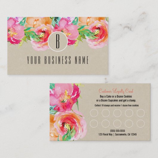 モダンフローラ水彩顧客ロイヤリティカード ロイヤリティカード (正面/裏面)
