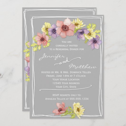 モダンフローラ水色グレーリハーサルディナー 招待状 (正面/裏面)