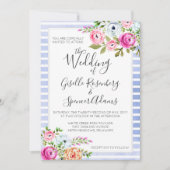 モダンフローラ水色ストライプ結婚式招待状 招待状 (正面)