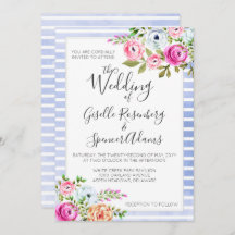 モダンフローラ水色ストライプ結婚式招待状