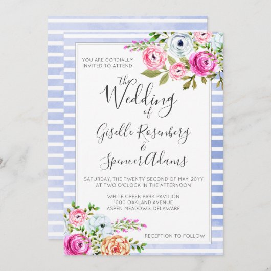 モダンフローラ水色ストライプ結婚式招待状 招待状 (正面/裏面)